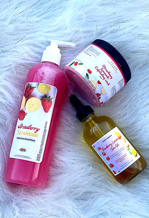 Strawberry Lemonade Beauty Set. 8oz Shower Gel, 2oz body oil, 6 oz Body Scrub