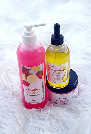 Strawberry Lemonade Beauty Set. 8oz Shower Gel, 2oz body oil, 6 oz Body Scrub