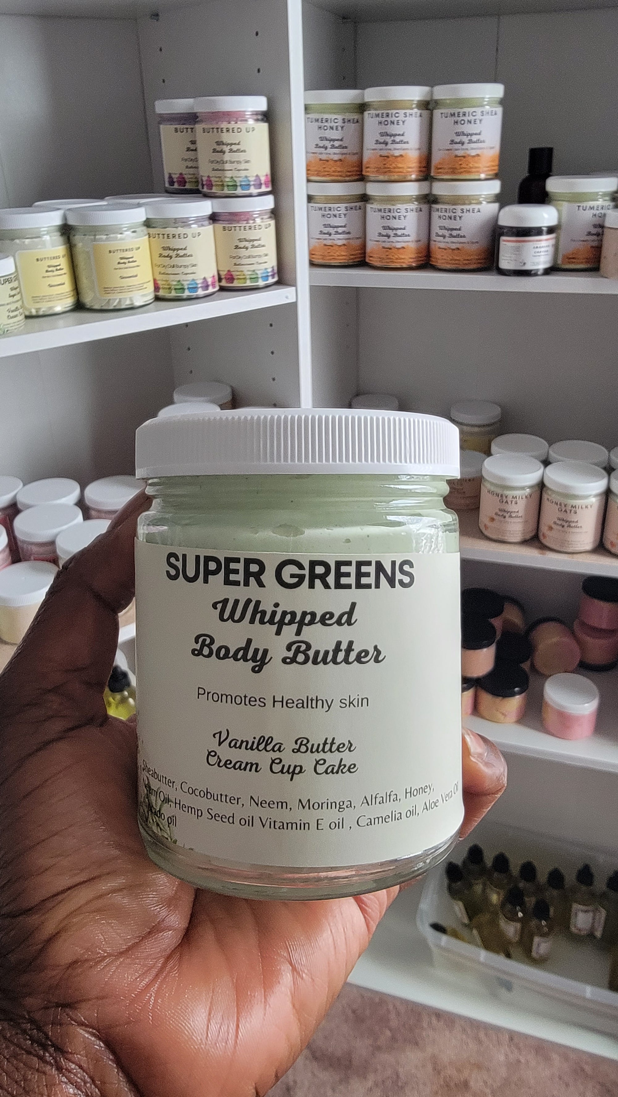 Super Greens Whipped Body Butter- Vanilla Butter Cream Cup Cake Scented. 9 oz